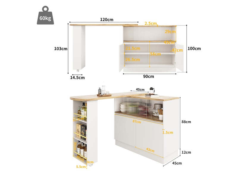 Ilot cuisine, buffet de cuisine avec rangements intégrés, pivotant à 360°, organisation fonctionnelle, dimensions 100 x 90 x 45 cm, mdf, blanc - Conforama C
