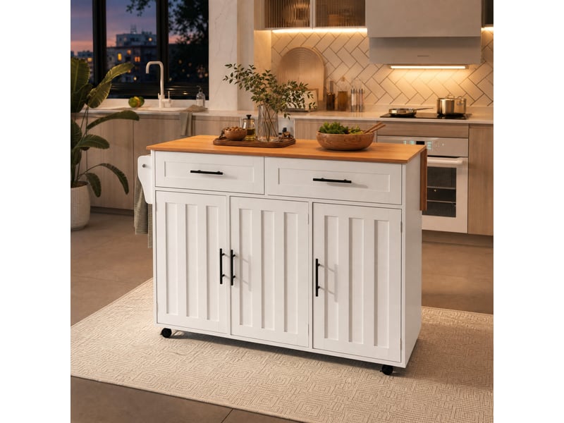  Desserte de cuisine 129 × 46 × 91,5 cm plan rabattable, 2 tiroirs et roulettes - lpospi - mdf blanc décor bois  - Conforama B