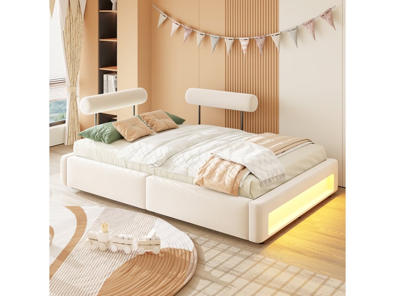 Lit enfant 140x200 cm coloris beige led velours - Conforama B
