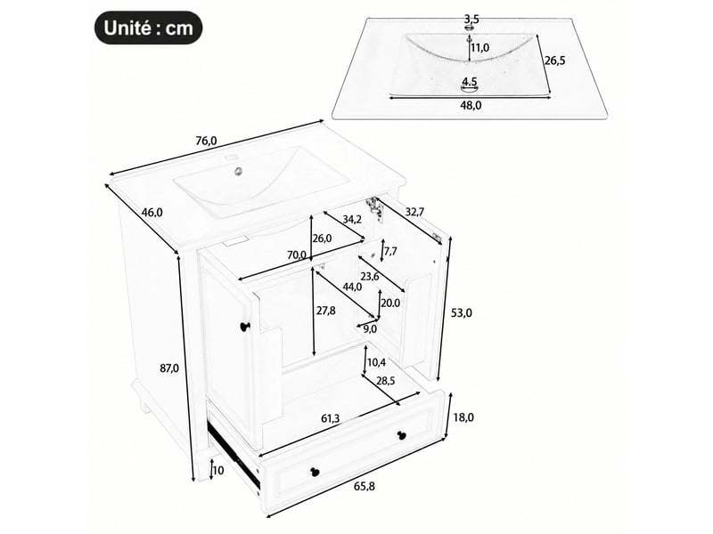  Meuble vasque noir 76 cm avec lavabo en céramique, 2 portes et 1 tiroir  - Conforama C