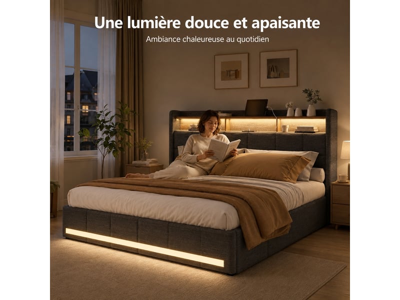  Lit avec rangement 140x190 cm - lit coffre capitonné avec led et usb - lit adulte avec 4 tiroirs - lit 2 places avec sommier à lattes - lin gris  - Conforama W