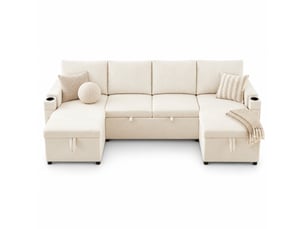 Canapé d'angle panoramique convertible 4 places Velours côtelé beige avec coffre de rangement