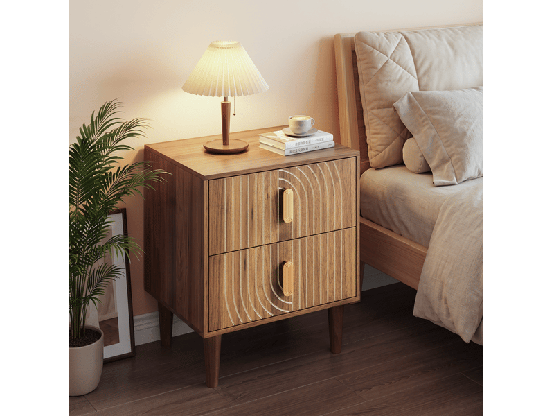  Table de chevet modenvie marron noyer avec 2 tiroirs, pieds en bois et finition mélaminée 48 x 38 x 56 cm  - Conforama D