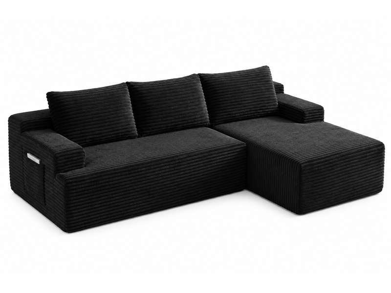 Canapé d'angle modulable 238x152 cm avec méridienne, assise profonde en velours côtelé noir OMNIGLINT TRADING LTD - Conforama A