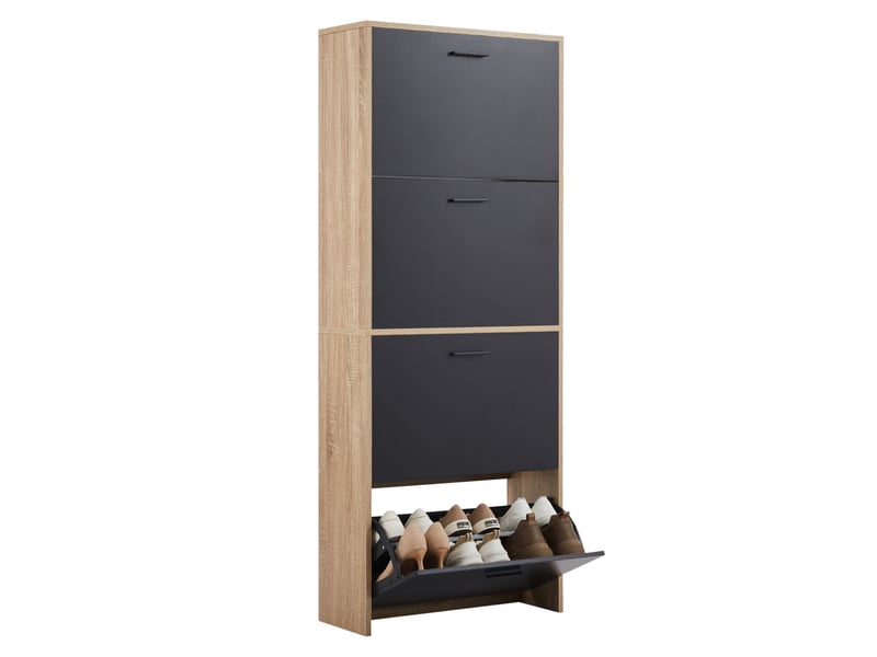  Casabel meuble à chaussures 24 paires, étagères ajustables, gain de place, portes noires et cadre bois clair 24 Paires Noir Bois Clair - Conforama A