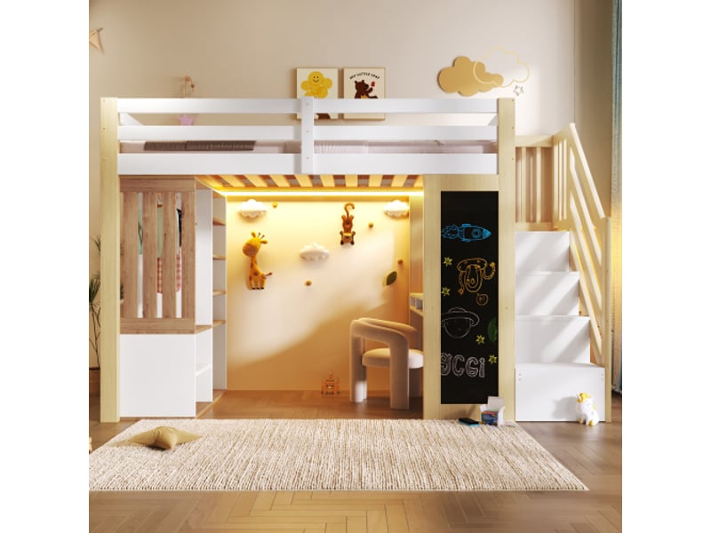  Lit mezzanine 90x200 cm avec bureau, rangements, placard, échelle, tableau et led – blancnaturel  - Conforama E