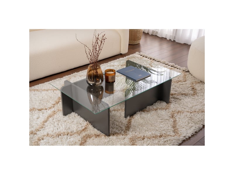  Table basse de salon en verre trempé et bois mdf mélaminé anthracite 105 x 65 x 30 cm  - Conforama B