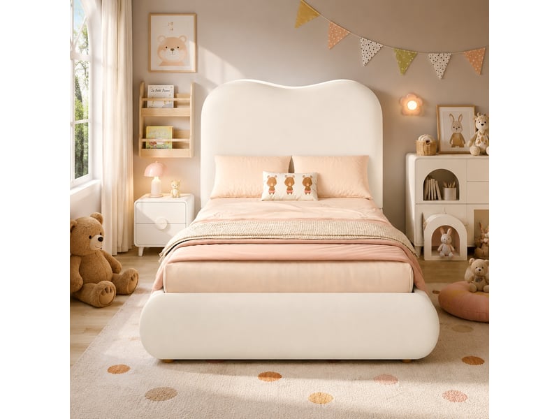  Lit coffre 90 x 190 cm - rangement hydraulique - sommier à lattes - tête de lit rembourrée - velours beige  - Conforama D