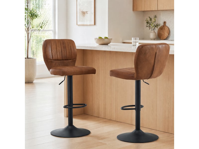 Tabouret de bar pivotant avec hauteur réglable, dossier et repose-pieds, en simili cuir marron et métal noir - Conforama B