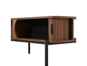 Table basse 100 x 45 x 43 cm avec rangement et portes coulissantes rainurées, plateau mdf, pieds métal noirs, design moderne pour salon, pour aménagement intérieur moderne