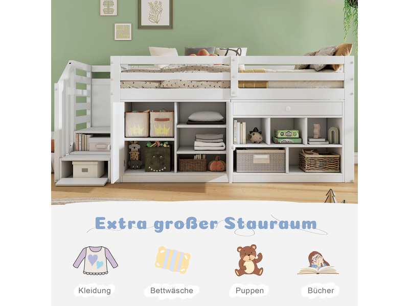  Lit enfant multifonction 90x200 blanc avec escalier et rangement - tiroirs convertibles en bureau  - Conforama C