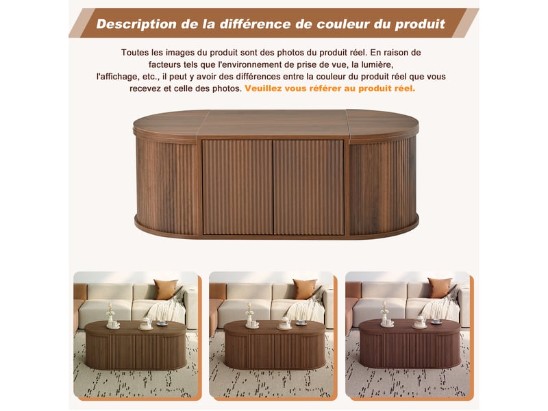  Table basse ovale avec rangement, 100x50x35 cm, couleur noyer, 4 portes magnétiques, bords arrondis  - Conforama W