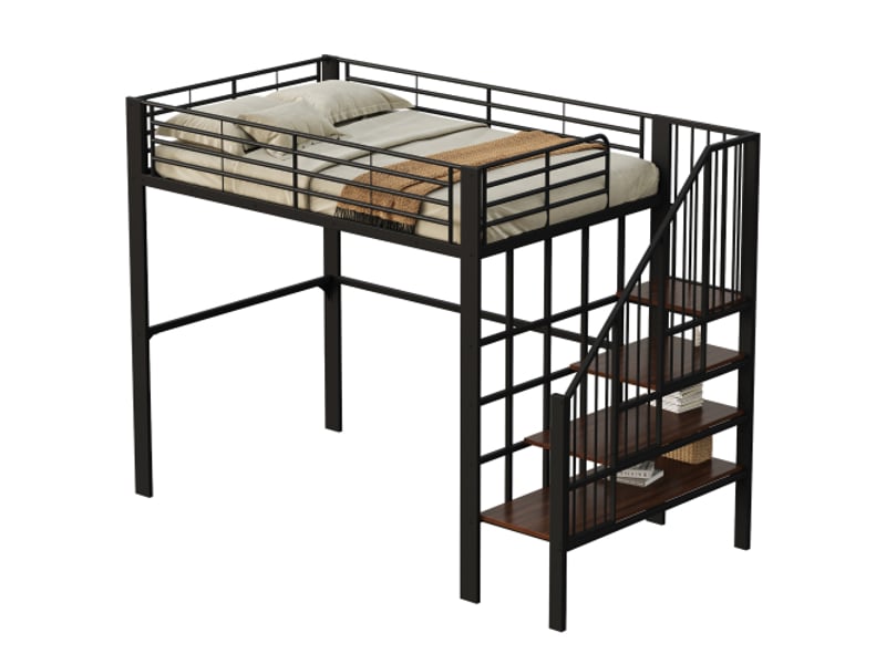  Lit mezzanine 140x200cm coloris noir métal et bois massif lit enfant noir - Conforama A