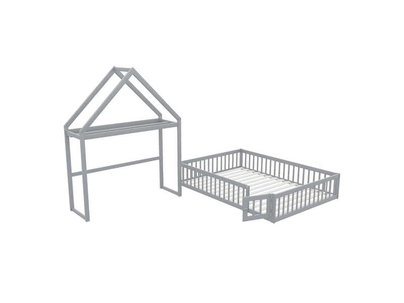  Lit double 140 x 200 cm avec barrières de sécurité et portes, cadre de lit enfant en bois massif, lit 2 personnes, gris  - Conforama B