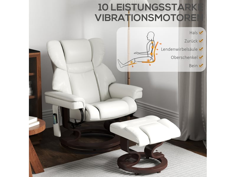  Fauteuil relax électrique pivotant avec fonction massage, dossier inclinable et repose-pieds en cuir reconstitué crème  - Conforama E