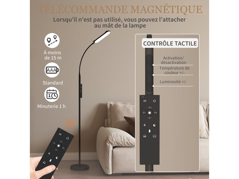  Lampadaire sur pied de salon avec télécommande, contrôle tactile, noir, température couleur et luminosité réglables  - Conforama W