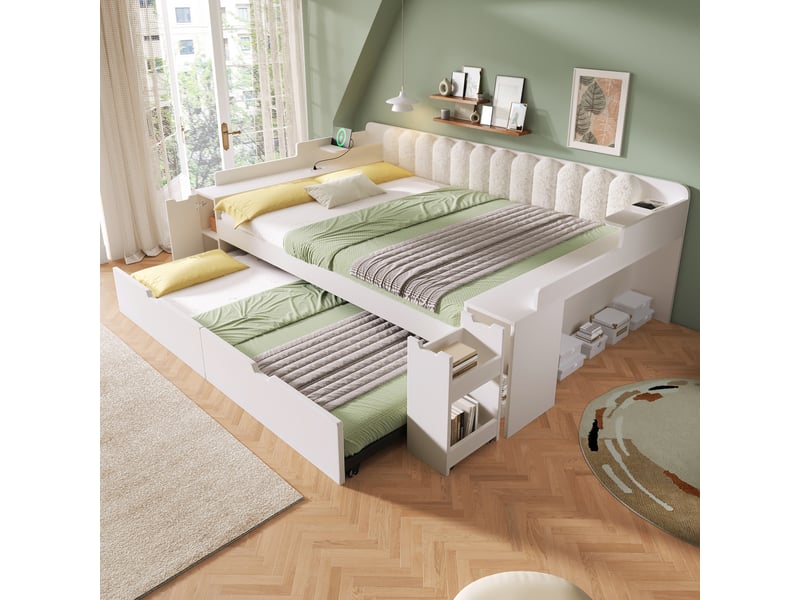  Canapé-lit 140x200cm - avec lit gigogne - avec usbtype-c - compartiment de rangement - dossier polaire sherpa - blanc (matelas non inclus)  - Conforama E