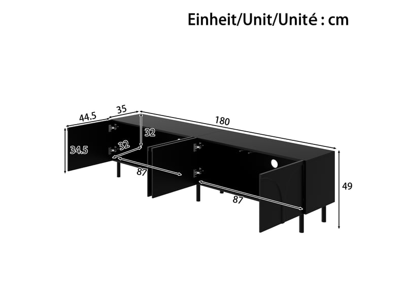 Meuble tv 180x35x49 cm - meuble bas à façade ondulée 3d, 4 portes, 2 espaces de rangement séparés, pieds en métal  - Conforama C