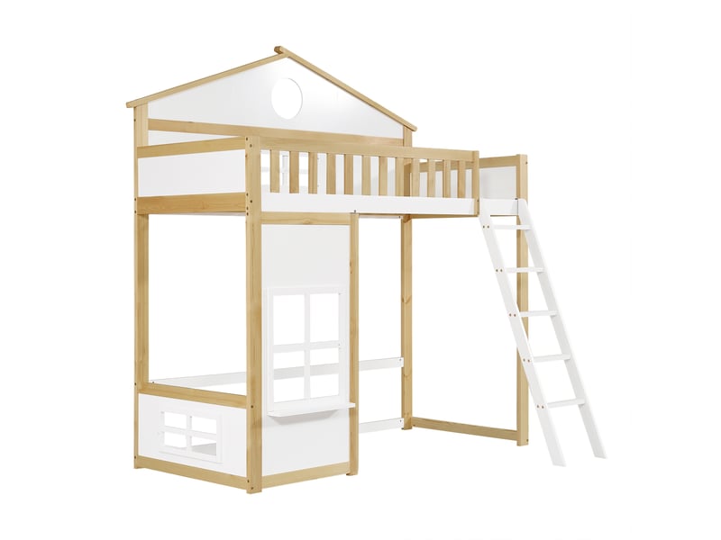  Lit mezzanine enfant avec escalier et rangement, blanc et bois naturel, 90x200 cm  - Conforama W