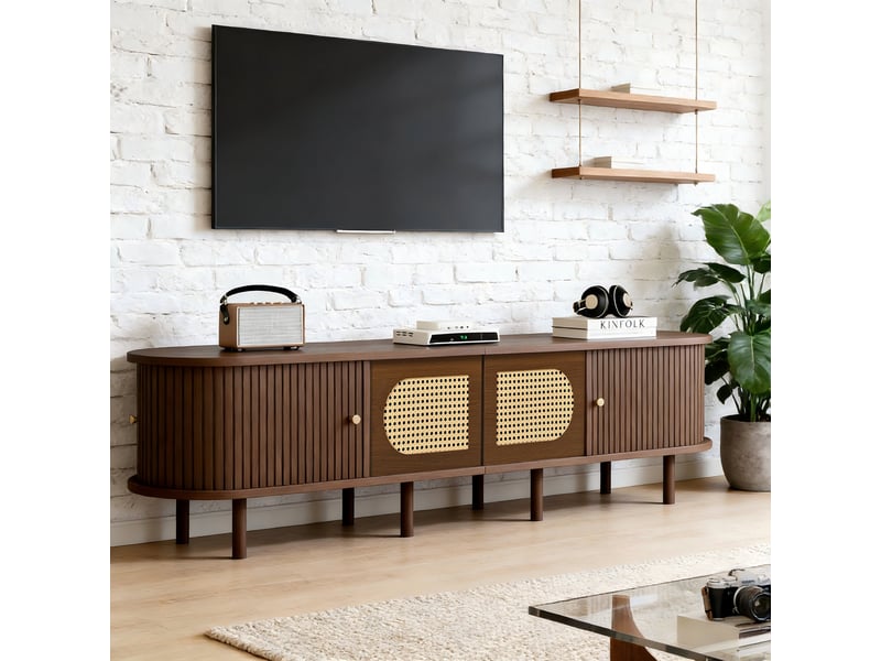 Meuble tv rétro ovale effet noyer foncé 2 portes coulissantes 2 portes battantes avec rotin 180x40x40 cm  - Conforama C