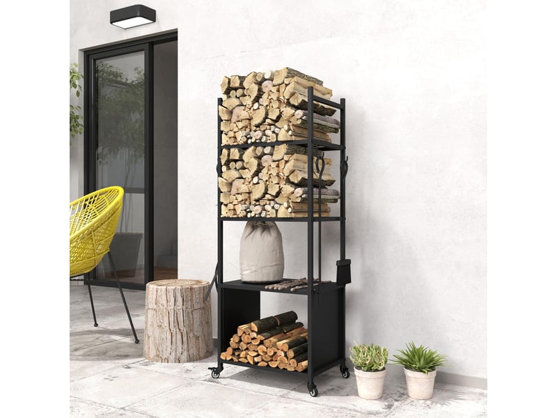  Porte-bûches à roulettes 4 niveaux, métal noir avec 4 outils, 45 x 30 x 118 cm  - Conforama D