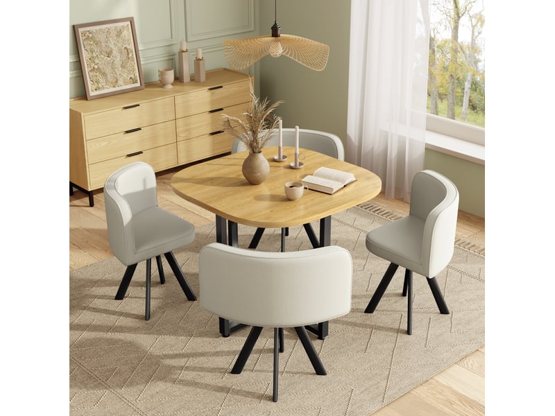  Table à manger et chaises carrée 85x74 cm, 4 places, coins arrondis, gain de place, mdf et lin, blanc et bois  - Conforama B
