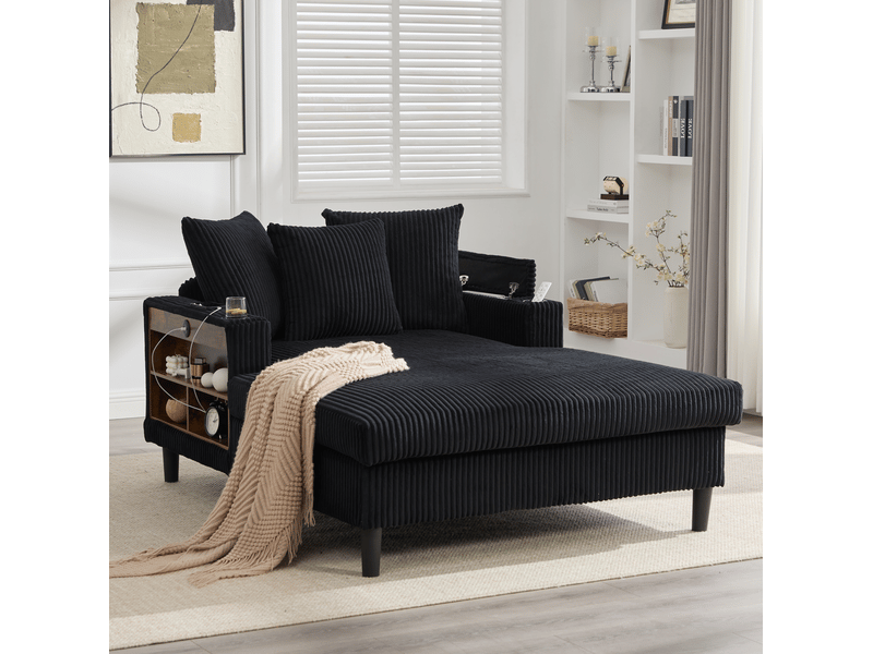 Chaise longue fixe 1 place en velours côtelé noir 129 x 170 cm, led, usb, rangements et porte-gobelets - Conforama E