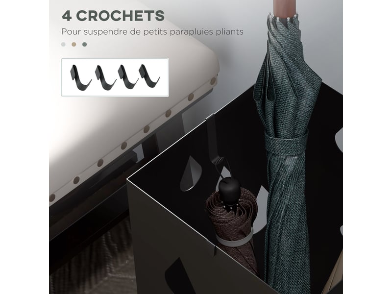  Porte-parapluie support à parapluie carré en acier avec 4 crochets et bac de récupération amovible d'eau noir  - Conforama R