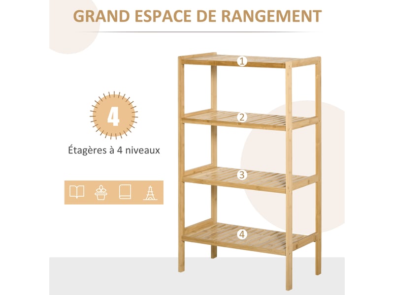  Étagère de rangement, étagère en bambou à 4 niveaux, bibliothèque pour salon, chambre et bureau,62 x 33 x 112 cm, bois naturel  - Conforama R