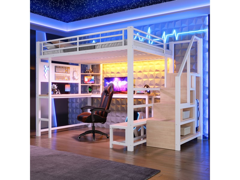 Lit mezzanine 140 × 200 cm 2 places avec bureau, led, usb, type-c et étagères, sans matelas, métal blanc - Conforama C