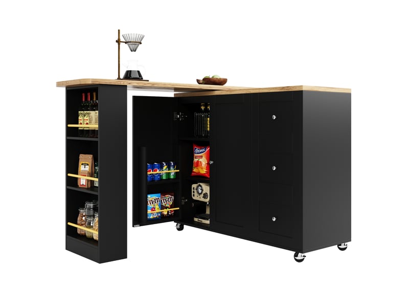  Îlot de cuisine pivotant à 360° sur roulettes, 3 tiroirs, mdf noir, 203 cm  - Conforama A
