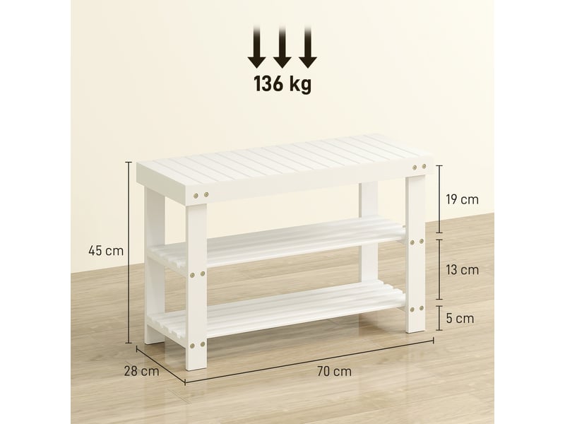  Banc à chaussures bas en bambou avec 2 étagères à lattes et assise, 70 x 28 x 45 cm, blanc  - Conforama E