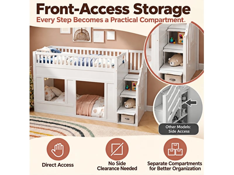  Lit superposé enfant 90x200 cm, avec escalier de rangement, un seul sommier, bois et mdf, blanc, sécurisé, sans matelas  - Conforama D