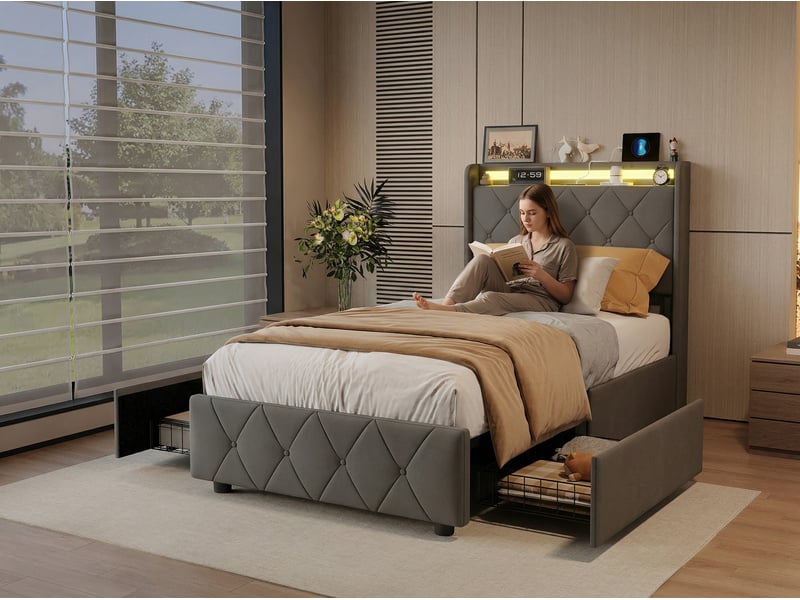  Lit 90x200 cm avec led, tête de lit avec étagère, lit capitonné pu gris, sommier à lattes inclus, style moderne  - Conforama D