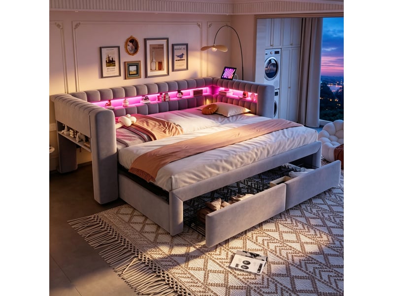  Lit gigogne modenvie 90 x 190 cm extensible 180 x 190 cm avec 2 tiroirs rangements led usb type c velours gris clair  - Conforama E