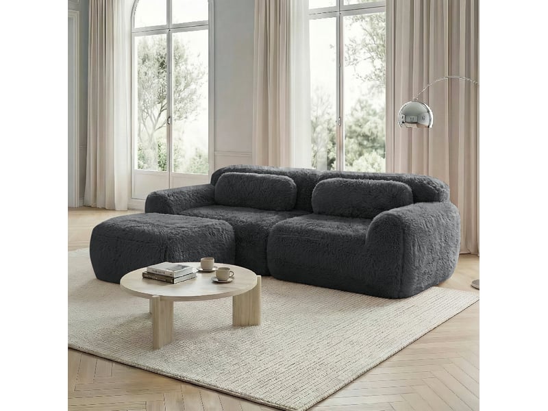 Canapé d’angle modulable 2 places gris en peluche – 204 x 179 x 73 cm - Conforama D