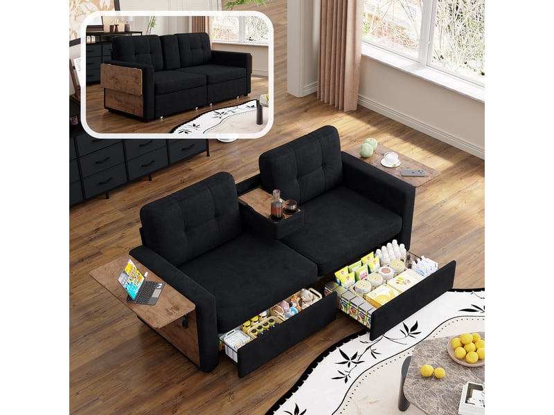  Canapé droit 2 places en chenille 178 x 71 cm avec rangement intégré, tablette rabattable, porte-gobelets et assise réglable - noir  - Conforama B
