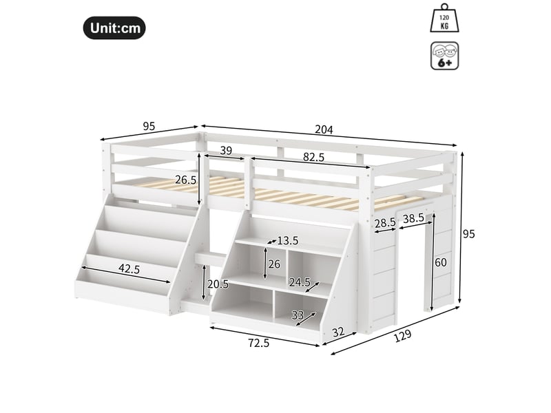 Elvmi lit mi-hauteur enfant 90x200 cm en pin et mdf blanc avec rangements ouverts, garde-corps de securite, echelle a marches et eclairage led controle par application avec minuterie et modes lumineux, style minimaliste pour cha… - Conforama C