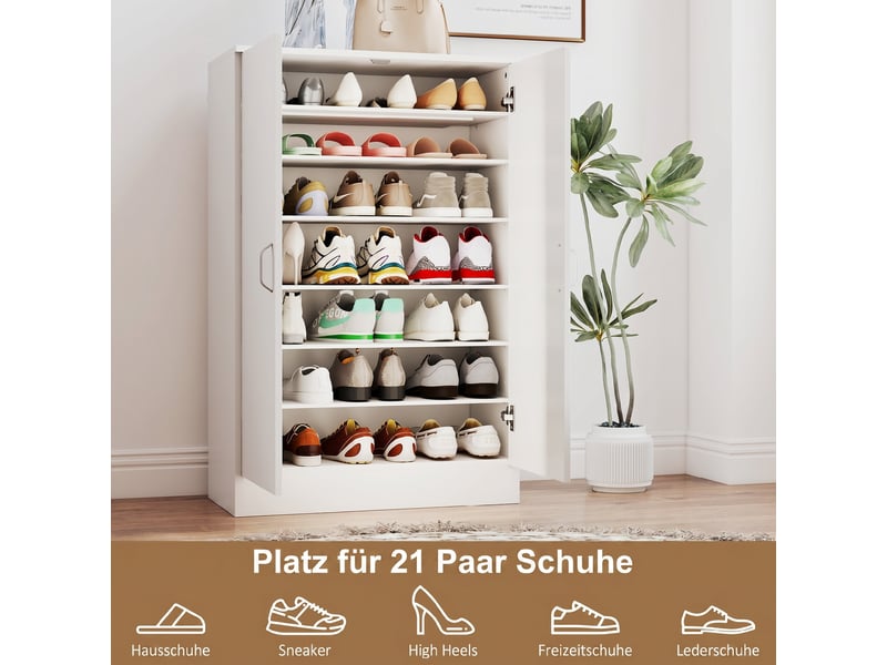  Meuble à chaussures à 2 portes, 6 étagères réglables, charnières à fermeture amortie, pour 21 paires de chaussures, blanc  - Conforama E