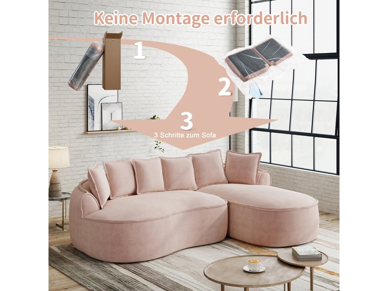 Canapé d'angle, canapé modulable – en chenille, assise profonde, avec méridienne, sans cadre, coussins inclus, rose - Conforama W