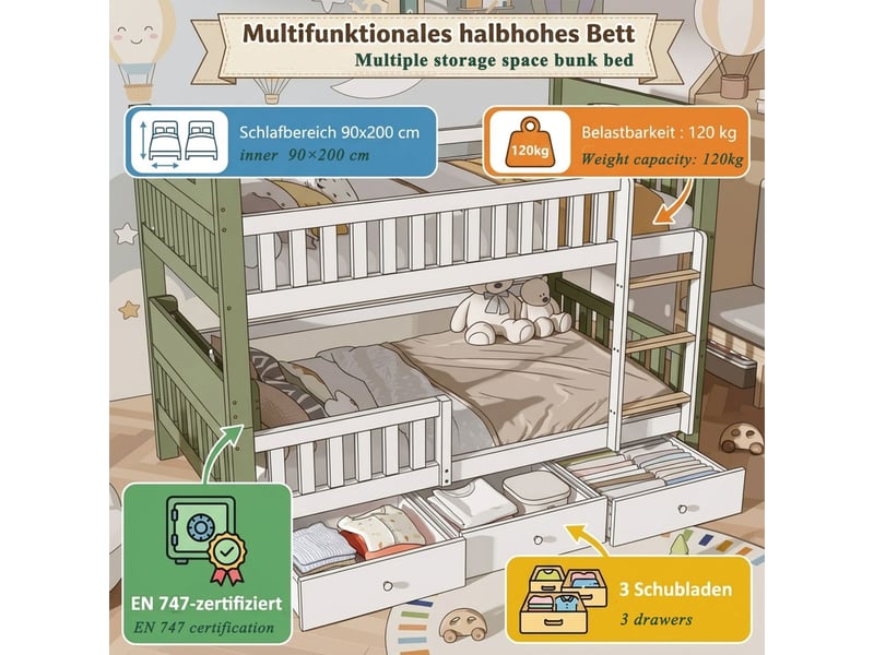  Lit superposé 90 x 200 cm bois blanc et vert échelle garde-corps de protection surélevé étagère latérale 3 tiroirs  - Conforama D