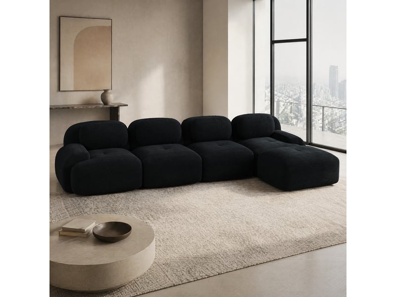  Canapé d'angle modulable modenvie 4 places avec méridienne 388 x 178 cm en velours côtelé noir  - Conforama E