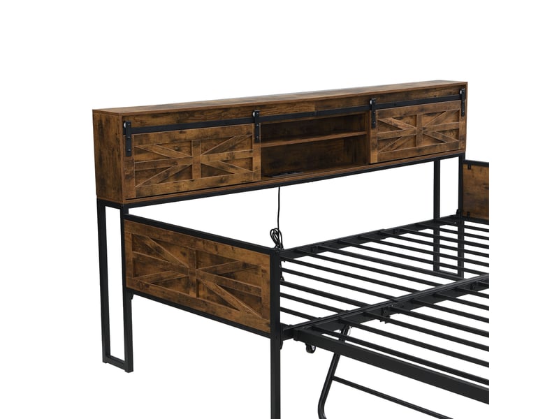 Lit gigogne 90x200 cm avec multiples compartiments de rangement - canapé-lit en fer - noir + marron - sans matelas  - Conforama R