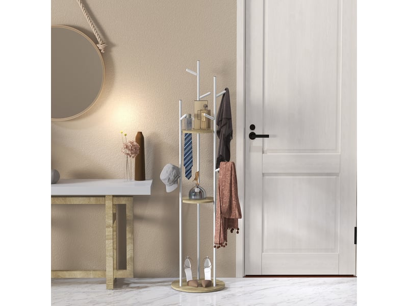 Porte-manteaux sur pied meuble d'entrée en acier avec 9 crochets et 2 rondes étagères 40 x 167 cm naturel et blanc - Conforama W