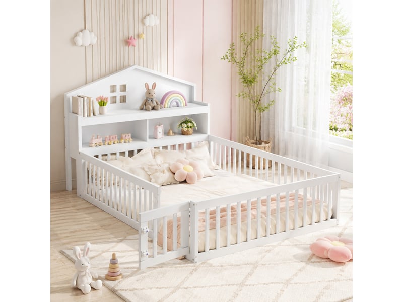  Lit cabane enfant tcqpz 140 x 200 cm avec rangements, barrière et porte, bois, blanc  - Conforama E