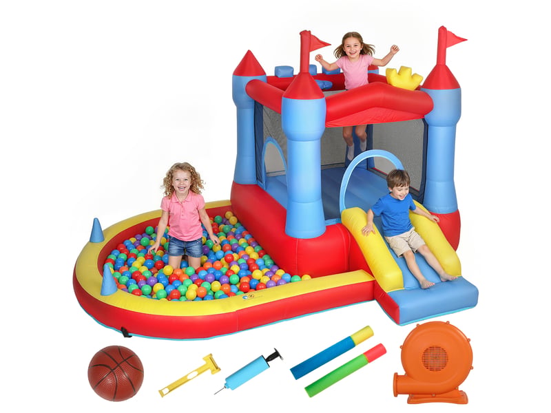  Château gonflable avec souffleur, toboggan, trampoline, pataugeoirepiscine à balles, pistolet à eau, 342 x 255 x 209 cm, bleu  - Conforama A