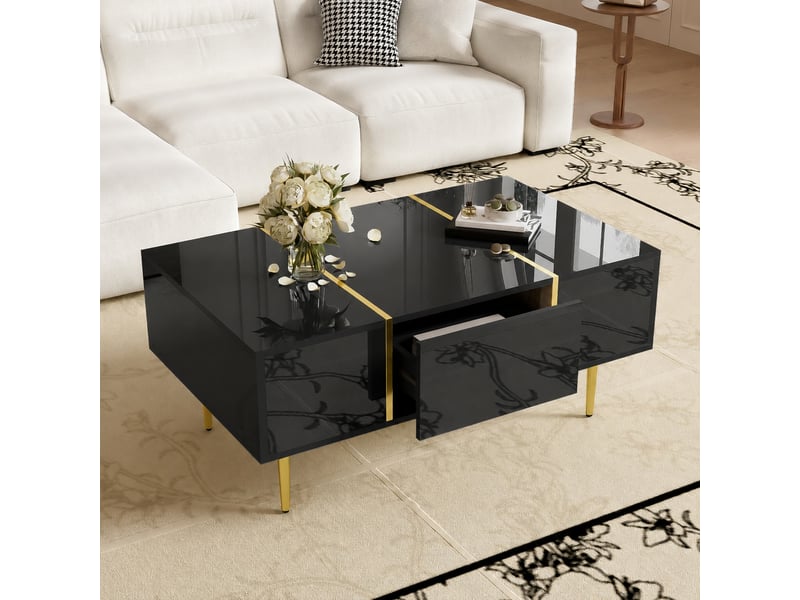  Table basse noire brillante avec 2 tiroirs et détails dorés, 100 x 60 cm  - Conforama B