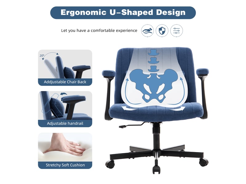  Chaise de bureau pivotante 360° à hauteur réglable - accoudoirs rabattables, velours - bleu  - Conforama C