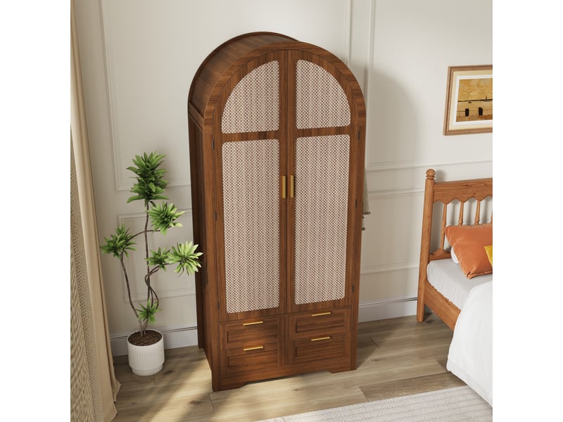 Armoire penderie 80x50x180 cm, portes courbées en rotin, tringle, tiroirs, étagères, grand rangement pour chambre - noyer - Conforama E