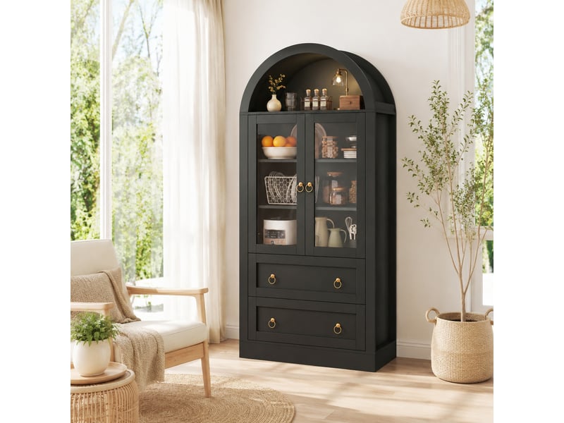  Buffet vitrine avec portes vitrées, tiroirs et 2 étagères réglables, noir, pour cuisine et salon, 80 × 36 × 170 cm  - Conforama B
